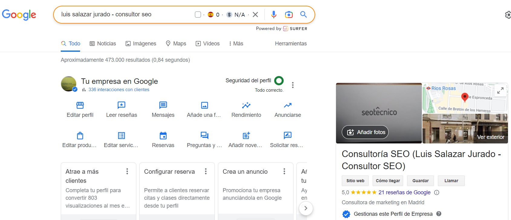 Interfaz en las SERPS del Administrador de Perfiles de Empresa de Google