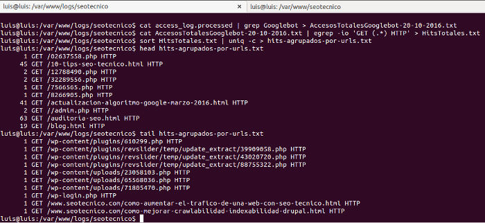 Comandos procesar fichero logs SEO analisis logs optimizar SEO Wordpress