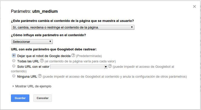 Imagen con la interfaz de Search Console para configurar los parámetros de URL donde influye en el contenido de la web