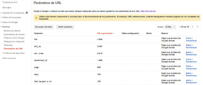 Imagen con la interfaz de Search Console para configurar los parámetros de URL