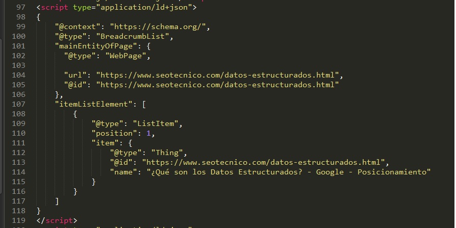 imagen que muestra un ejemplo de código en JSON-LD de un datos estructurado para mejorar el posicinamiento en buscadores