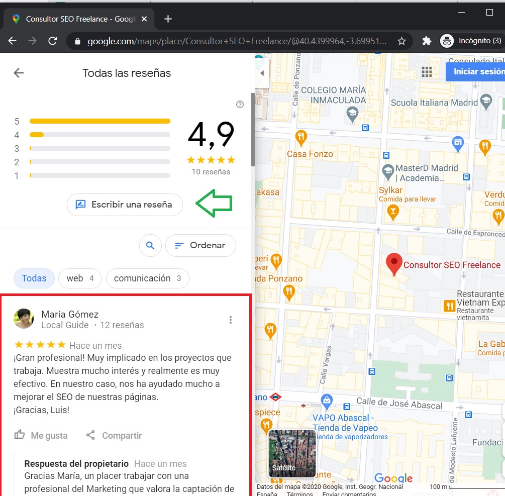 Imagen con un ejemplo de un review en Google