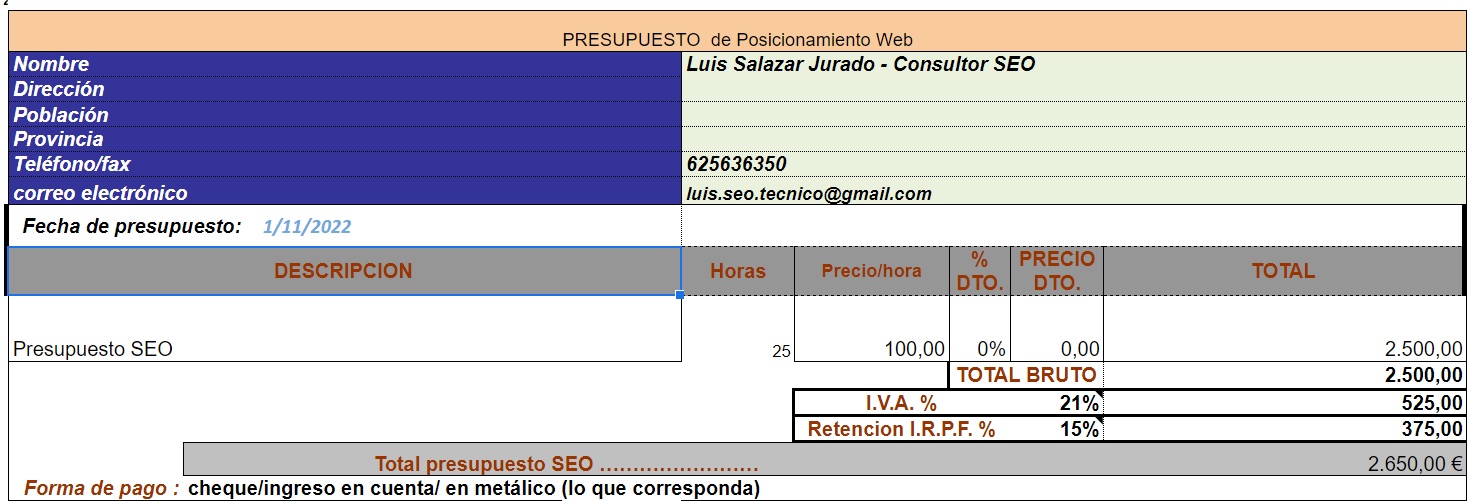 Imagen de la plantilla de un presupuesto seo o un presupuesto para el posicionamiento web de una página