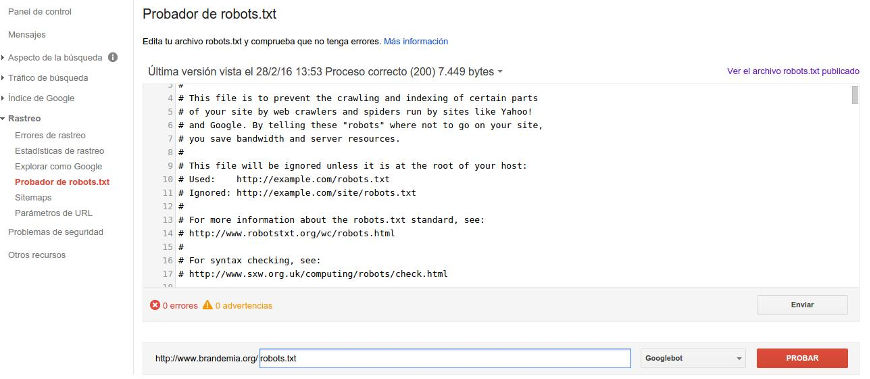 robots.txt seo configuración Probador de robots.txt en Search Console