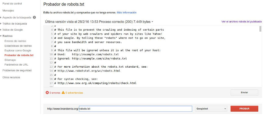 Probador de robots.txt en Search Console