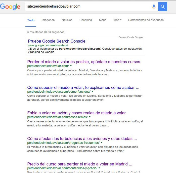 SERPS de Google al ejecutar el comando site: