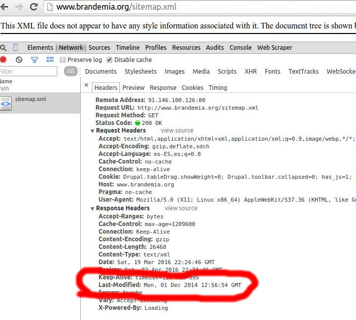 Ejemplo de Sitemap XML no actualizado