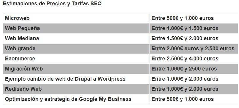 tarifas posicionamiento web precios