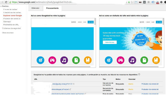 Sugerencia mejora SEO Error de procesamiento de crawleo en Explorar como Google