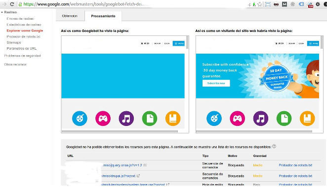 Error de procesamiento de crawleo en Explorar como Google